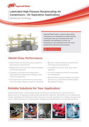 Lubricated High Pressure Reciprocating Air Compressors - Air Separation Applications 134-300 kW, 35-45 barg